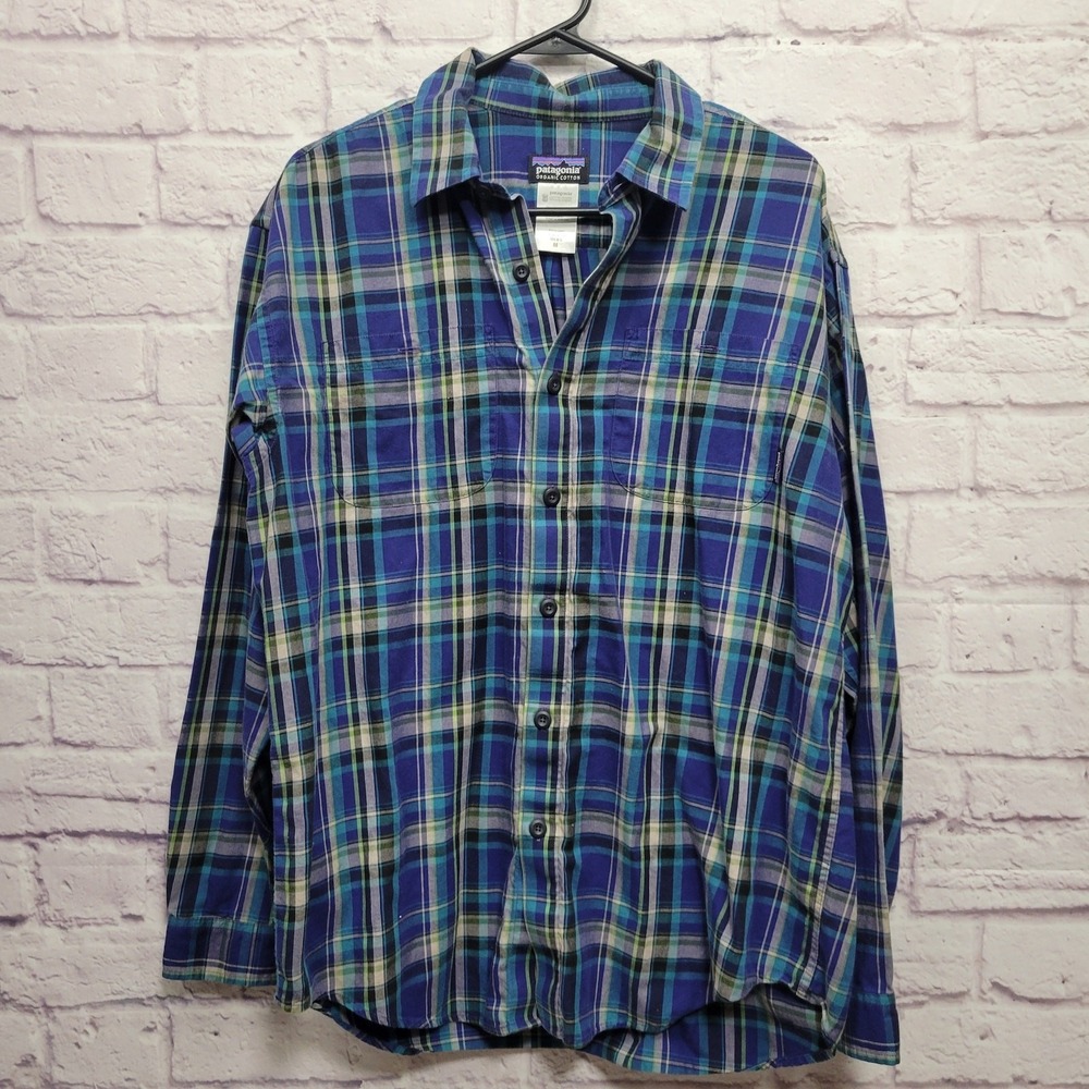 Patagonia Blue Plaid Button Shirt Mens M Blue‎ Teal Soft Outdoor Preppy Hiking